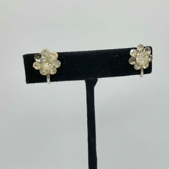 Jewelry - 5/$25 Vintage silver crystal flower screwback earrings